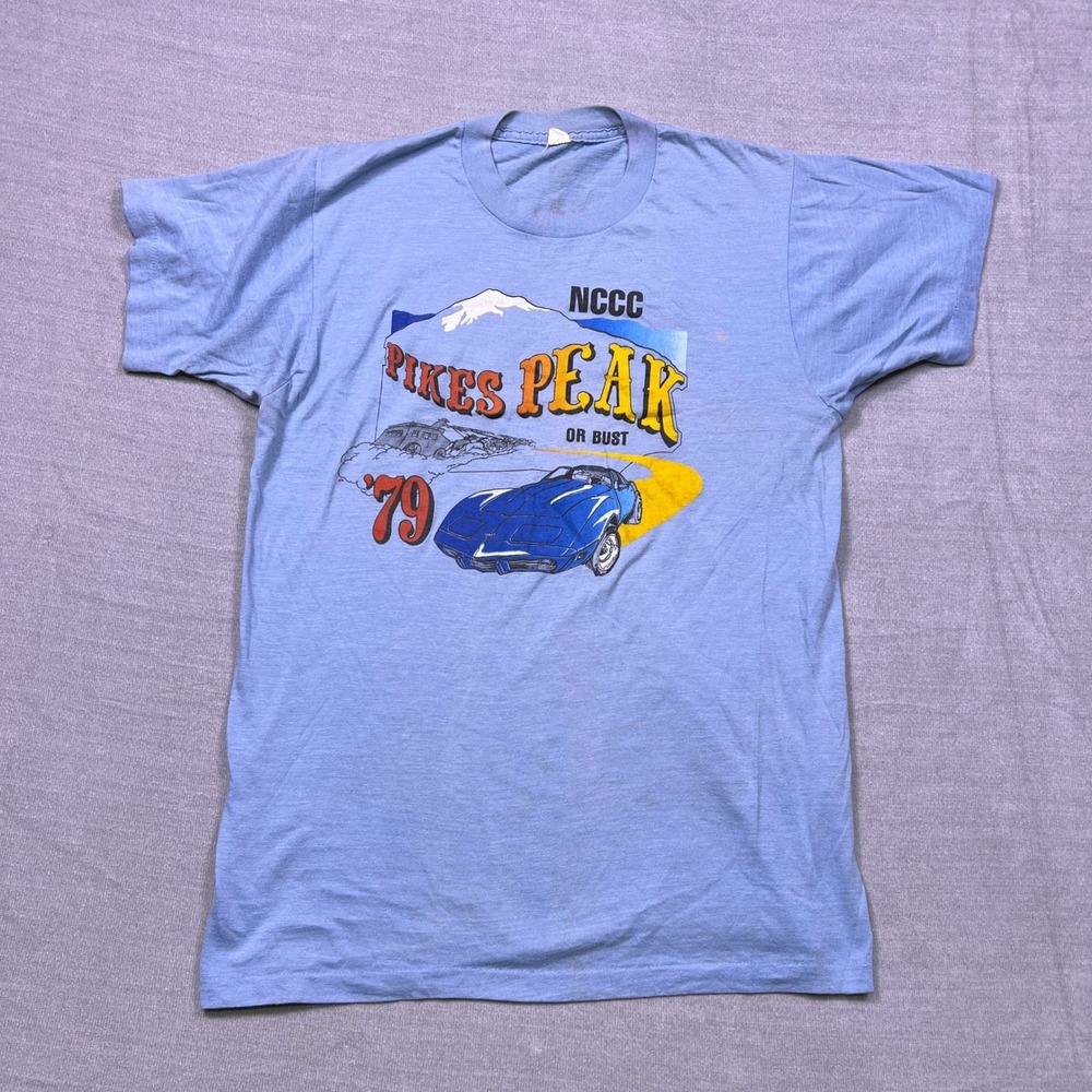 Vintage 1979 Pikes Peak Or Bust NCCC‎ Corvette T Shirt Mens Light Blue